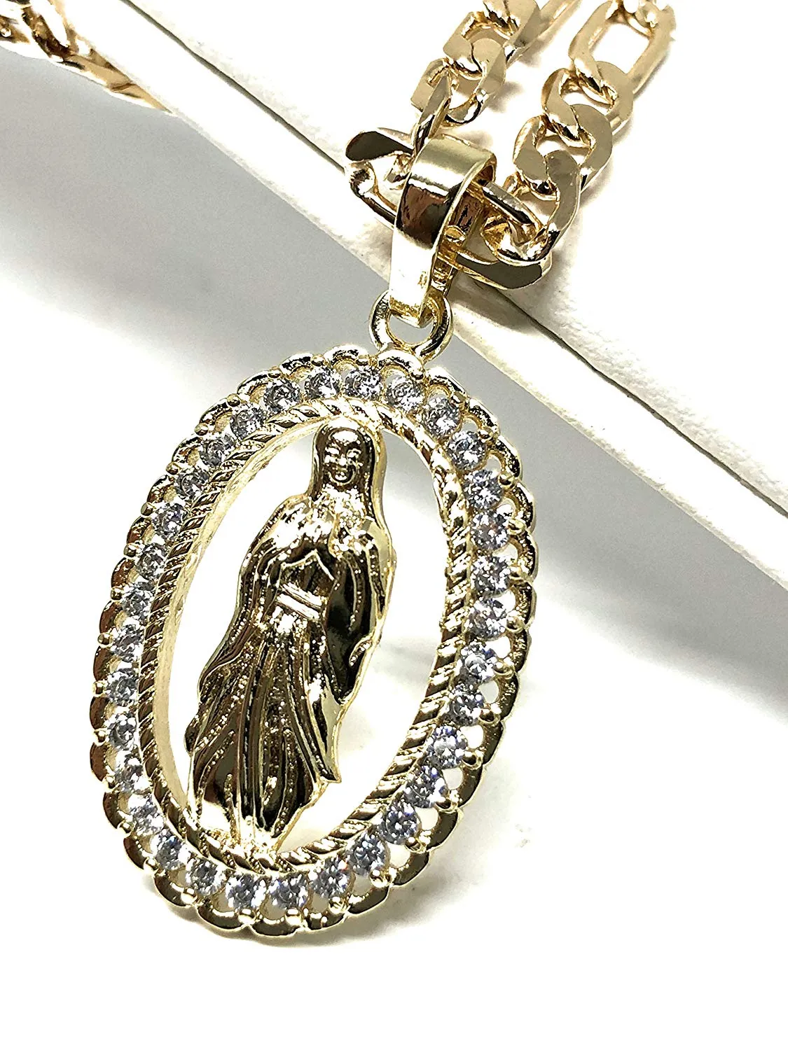Gold Plated Virgin Mary Pendant Necklace Figaro 24 Chain Virgen de Guadalupe Medalla Piedras Blancas Oro