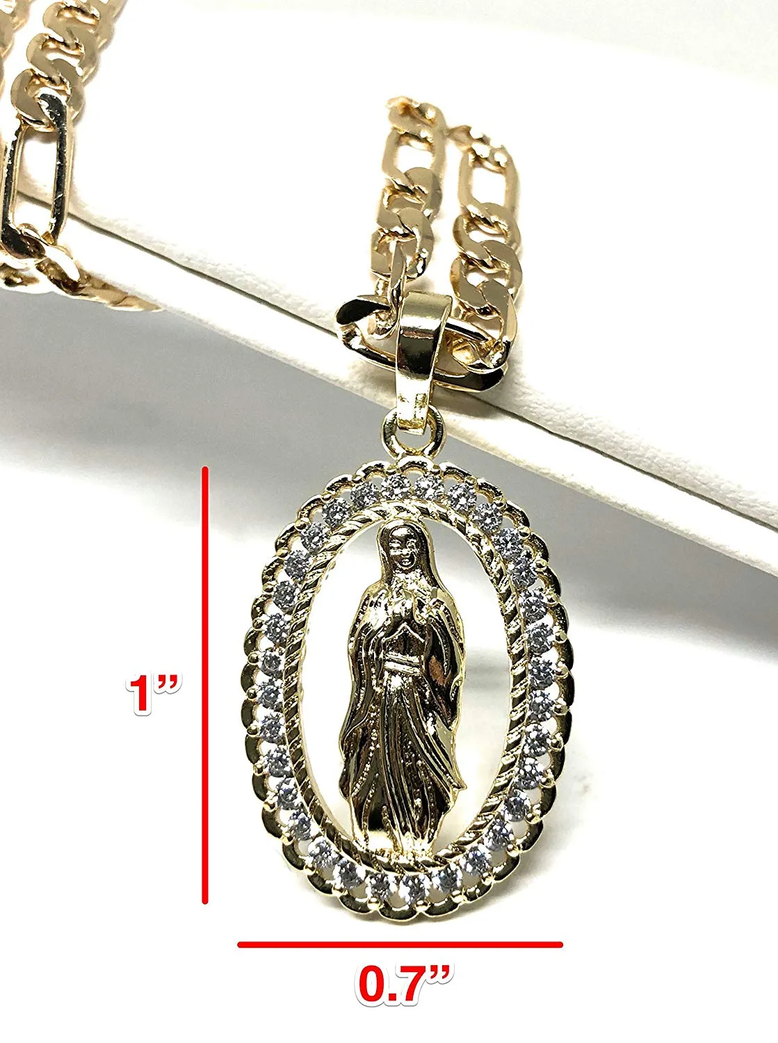 Gold Plated Virgin Mary Pendant Necklace Figaro 24 Chain Virgen de Guadalupe Medalla Piedras Blancas Oro