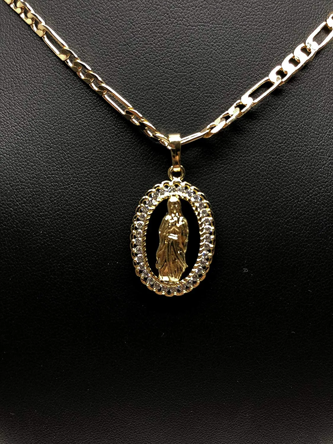 Gold Plated Virgin Mary Pendant Necklace Figaro 24 Chain Virgen de Guadalupe Medalla Piedras Blancas Oro