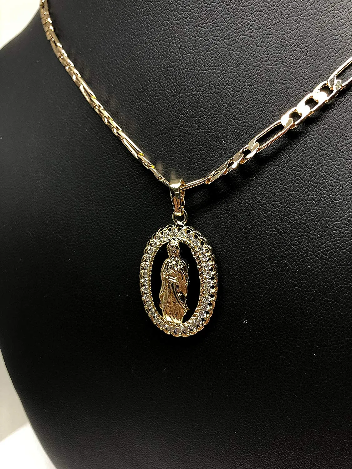 Gold Plated Virgin Mary Pendant Necklace Figaro 24 Chain Virgen de Guadalupe Medalla Piedras Blancas Oro