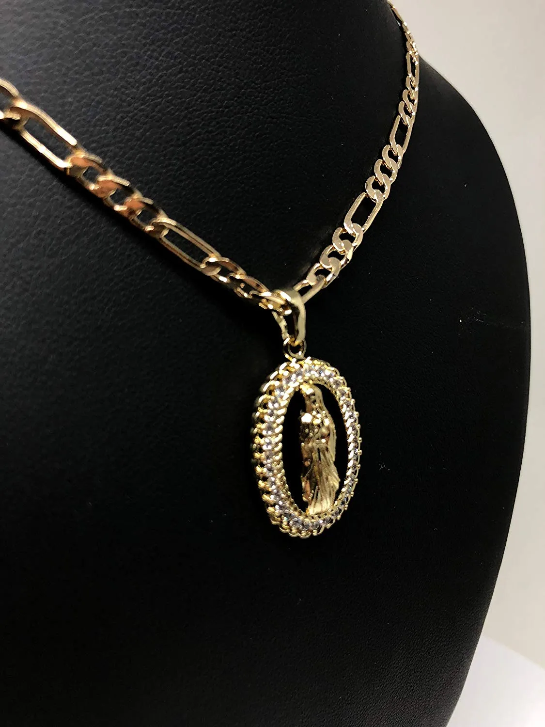 Gold Plated Virgin Mary Pendant Necklace Figaro 24 Chain Virgen de Guadalupe Medalla Piedras Blancas Oro
