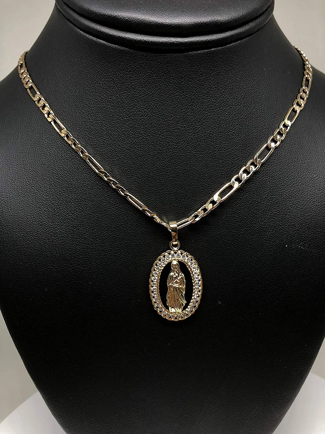 Gold Plated Virgin Mary Pendant Necklace Figaro 24 Chain Virgen de Guadalupe Medalla Piedras Blancas Oro