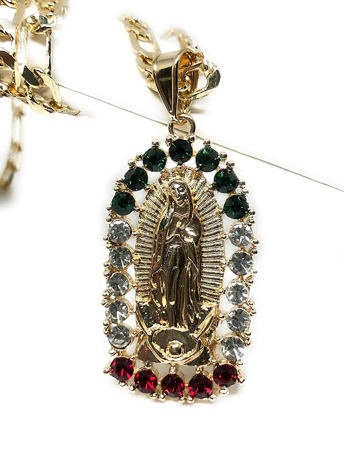 Gold Plated Virgin Mary Pendant Necklace Figaro 24 Virgen de Guadalupe Medalla Oro Laminado