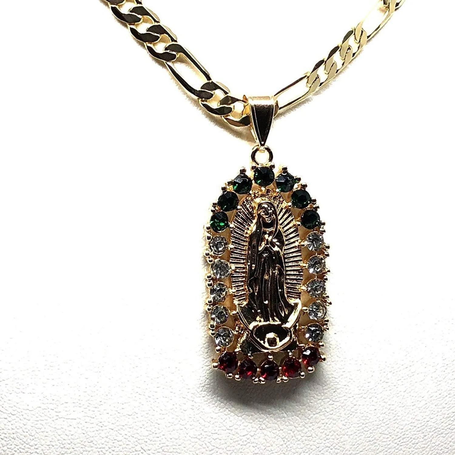 Gold Plated Virgin Mary Pendant Necklace Figaro 24 Virgen de Guadalupe Medalla Oro Laminado