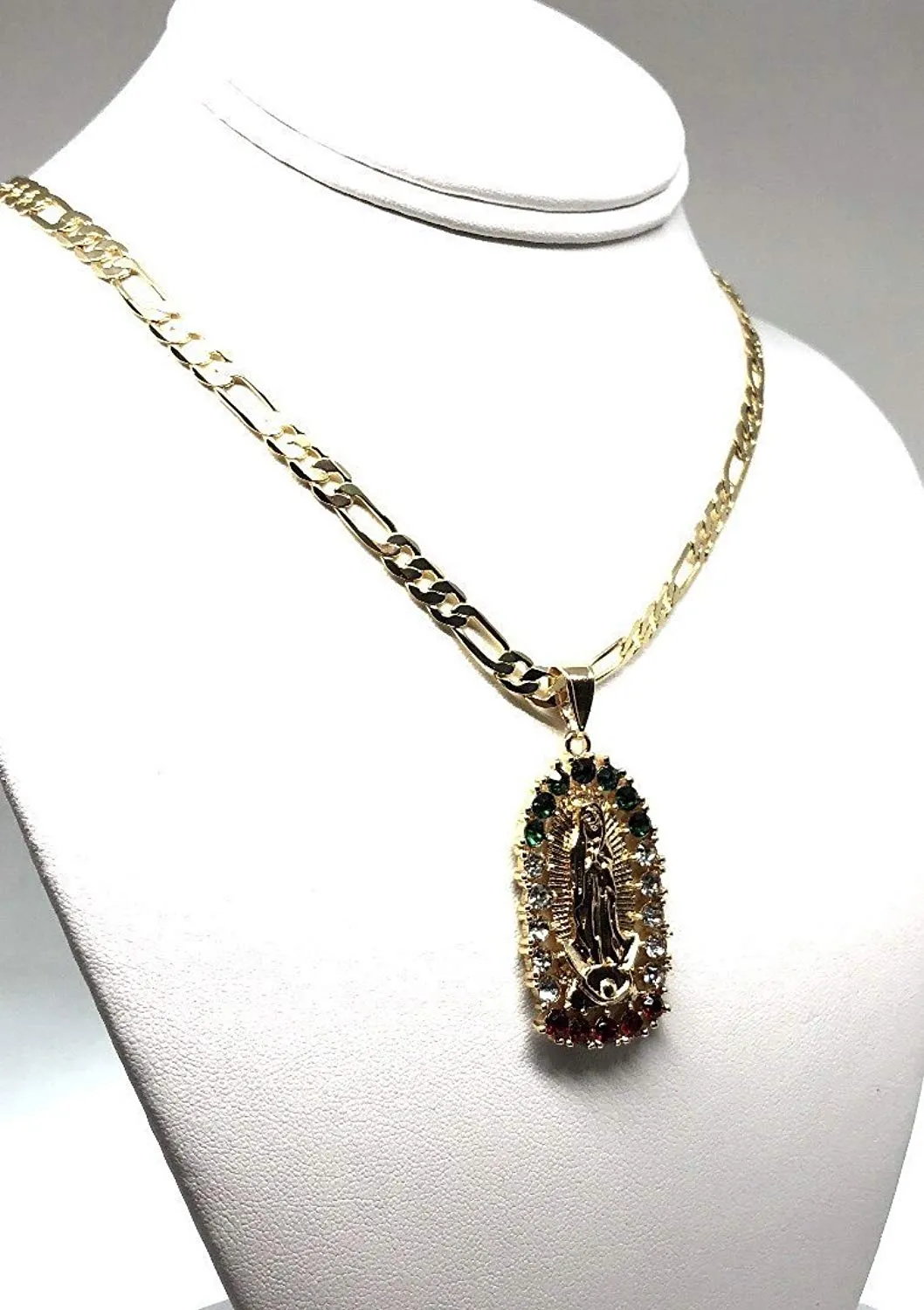 Gold Plated Virgin Mary Pendant Necklace Figaro 24 Virgen de Guadalupe Medalla Oro Laminado