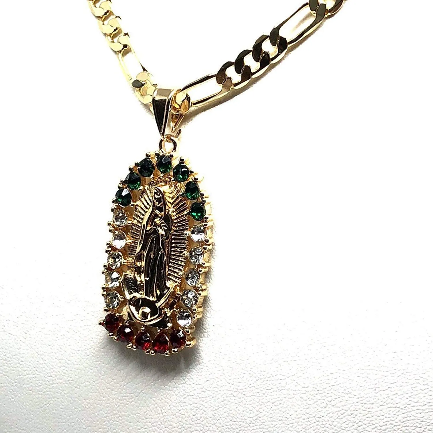 Gold Plated Virgin Mary Pendant Necklace Figaro 24 Virgen de Guadalupe Medalla Oro Laminado