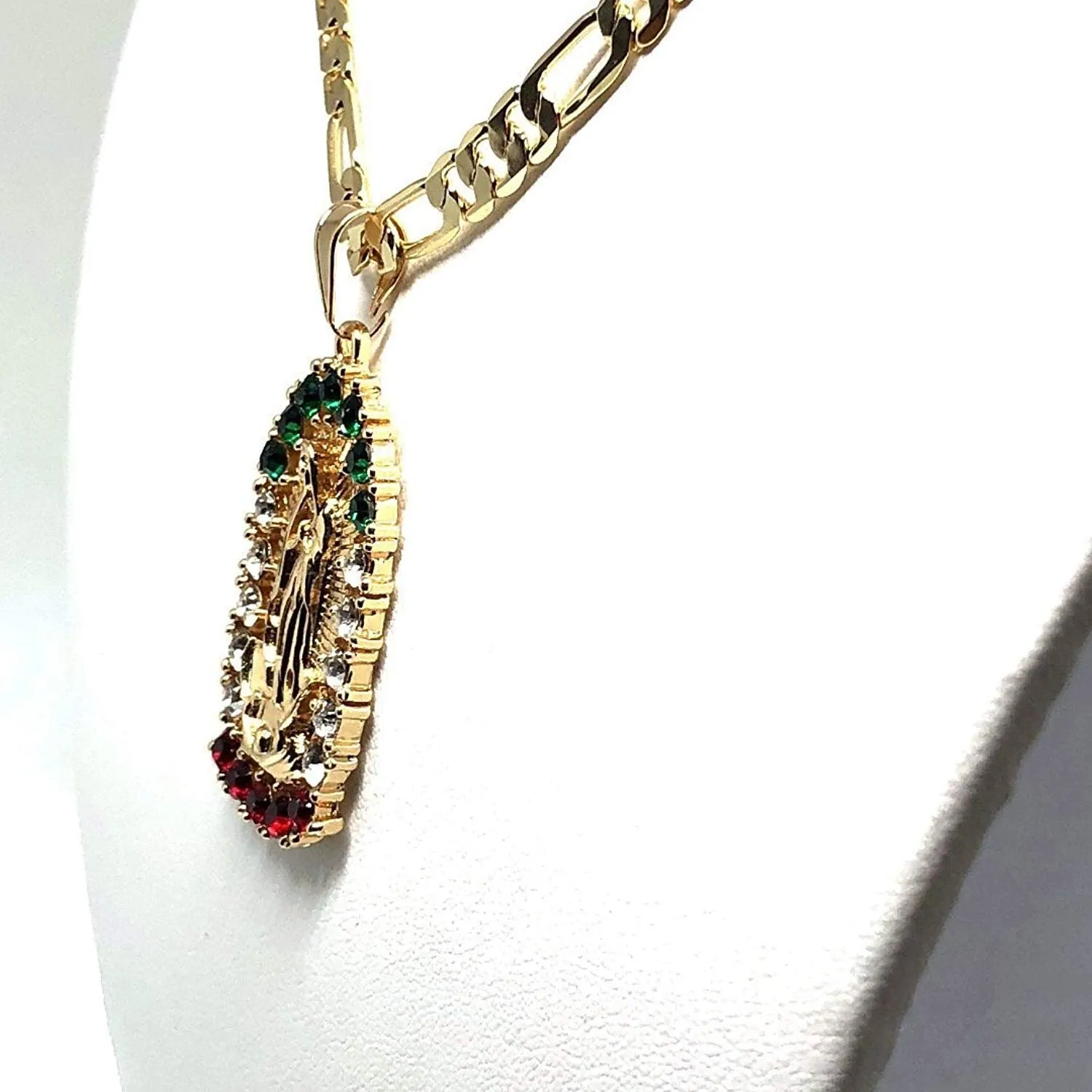 Gold Plated Virgin Mary Pendant Necklace Figaro 24 Virgen de Guadalupe Medalla Oro Laminado