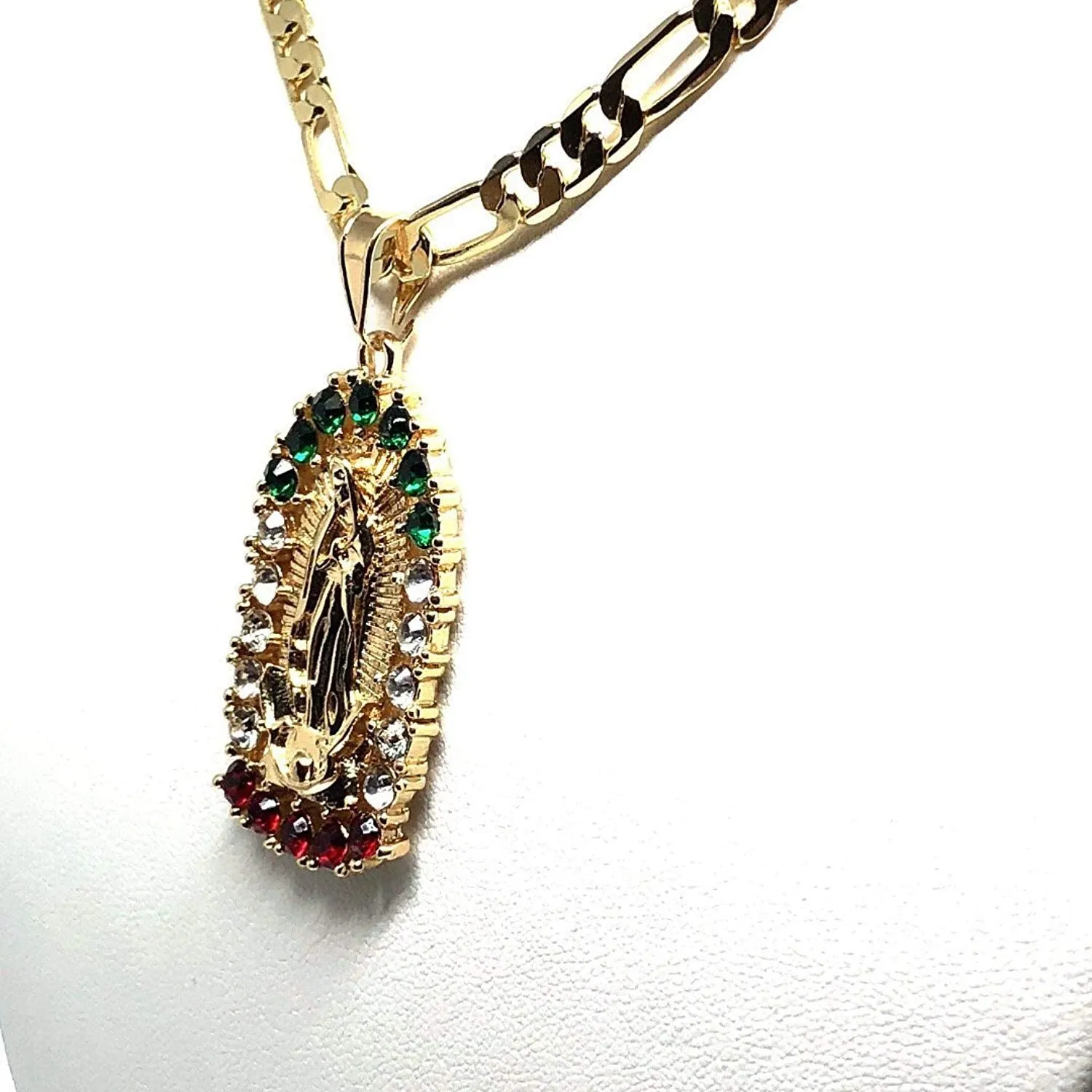 Gold Plated Virgin Mary Pendant Necklace Figaro 24 Virgen de Guadalupe Medalla Oro Laminado