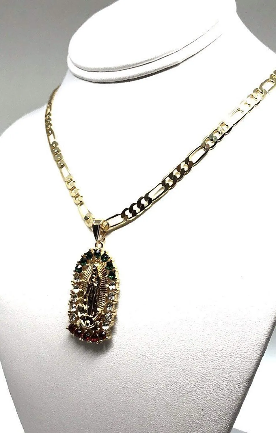 Gold Plated Virgin Mary Pendant Necklace Figaro 24 Virgen de Guadalupe Medalla Oro Laminado