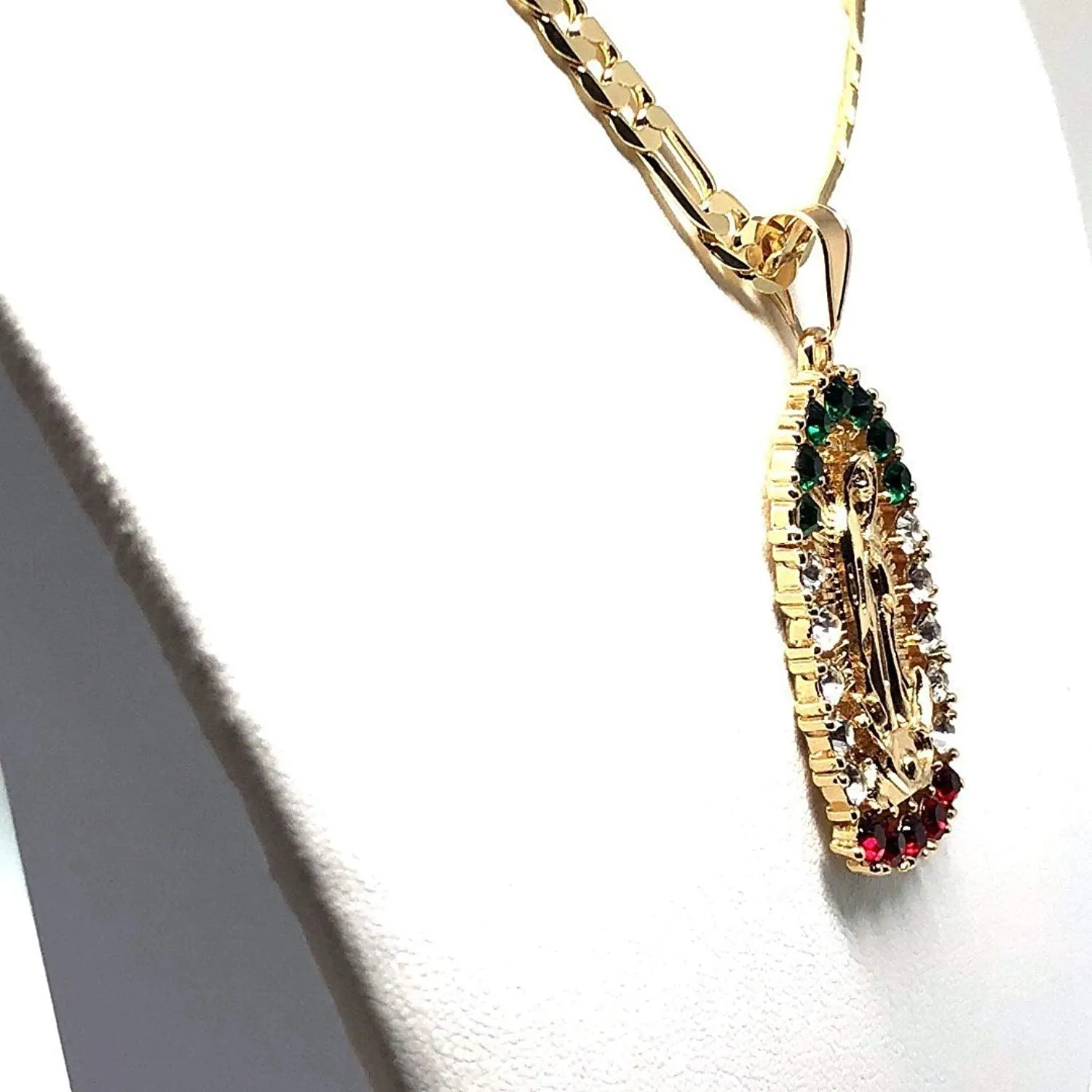 Gold Plated Virgin Mary Pendant Necklace Figaro 24 Virgen de Guadalupe Medalla Oro Laminado